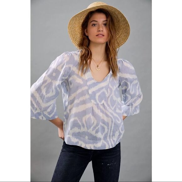 Anthropologie Tops - NEW Anthropologie Laverne Ikat Bell Sleeved V-Neck Cotton Blouse Large Petite
